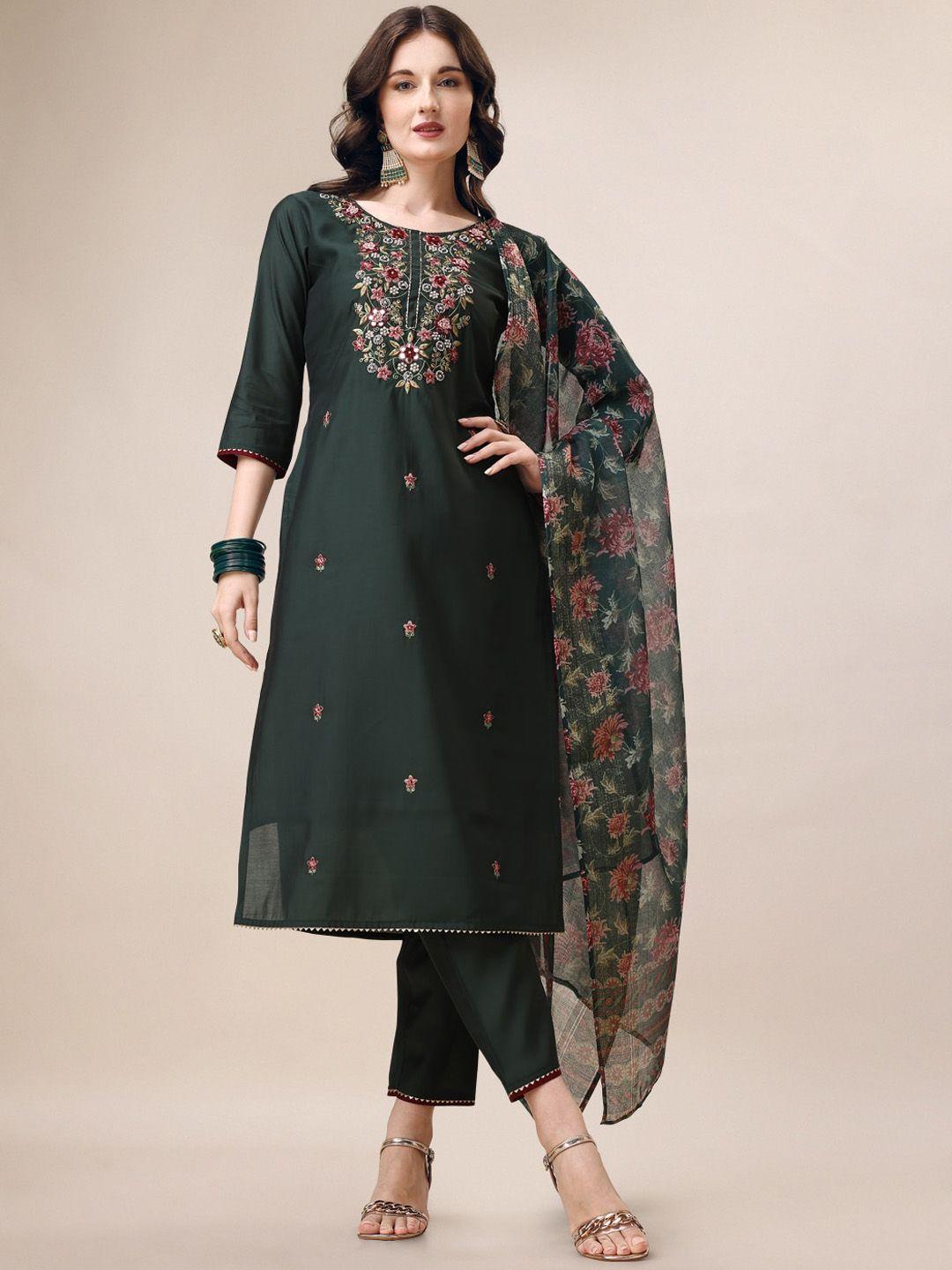 berrylicious floral embroidered chanderi cotton straight kurta & trousers with dupatta