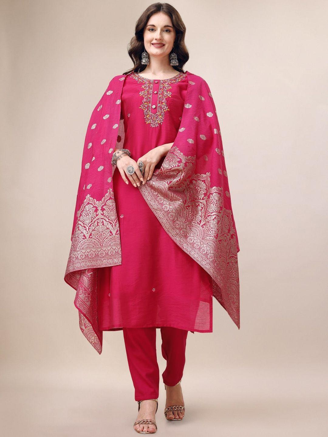 berrylicious floral embroidered chanderi cotton straight kurta & trousers with dupatta