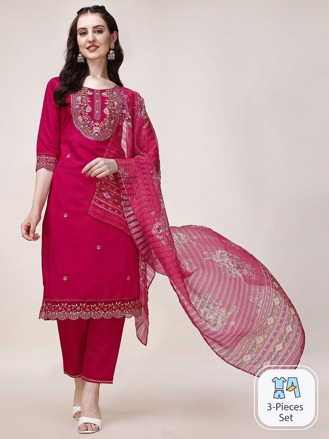 berrylicious floral embroidered chanderi cotton straight kurta & trousers with dupatta