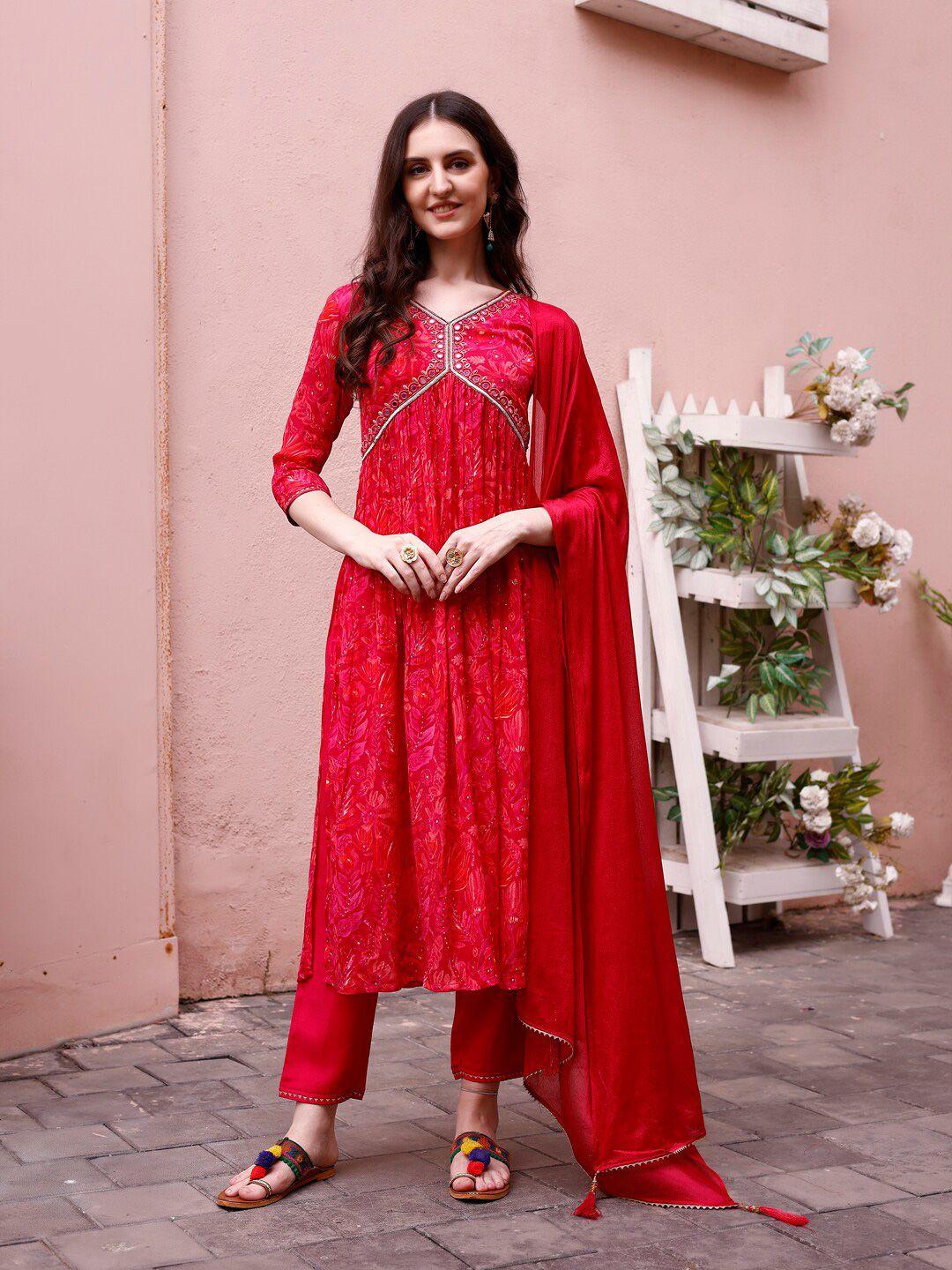 berrylicious floral embroidered mirror work pure silk a-line kurta with trouser & dupatta