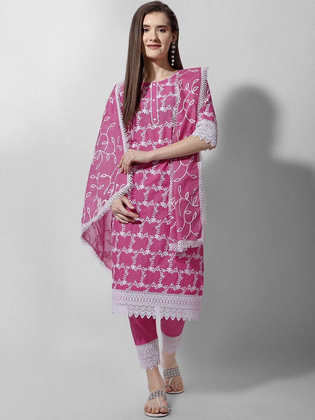 berrylicious floral embroidered pure cotton kurta with trousers & dupatta