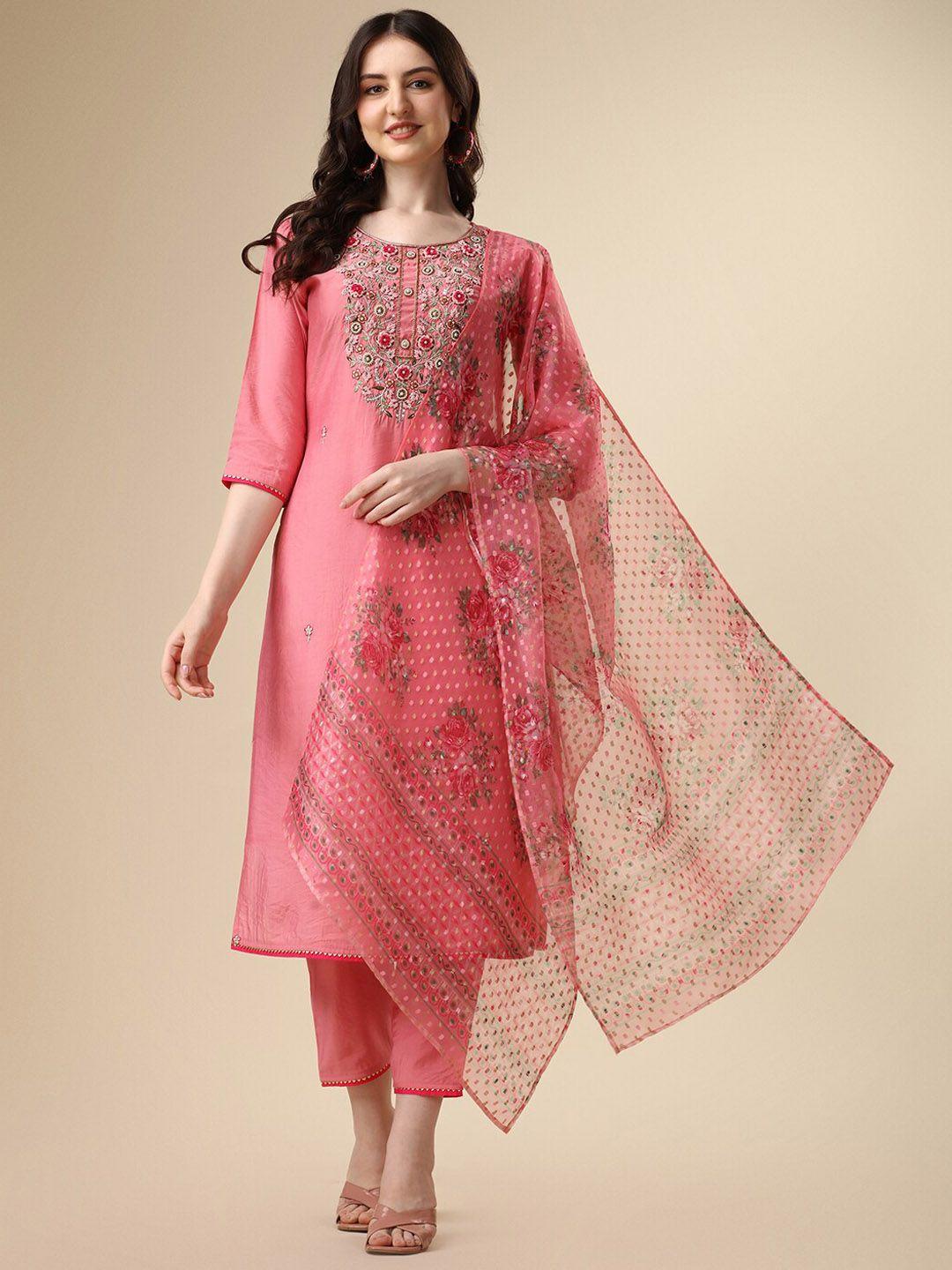 berrylicious floral embroidered regular beads & stones kurta with trousers & dupatta