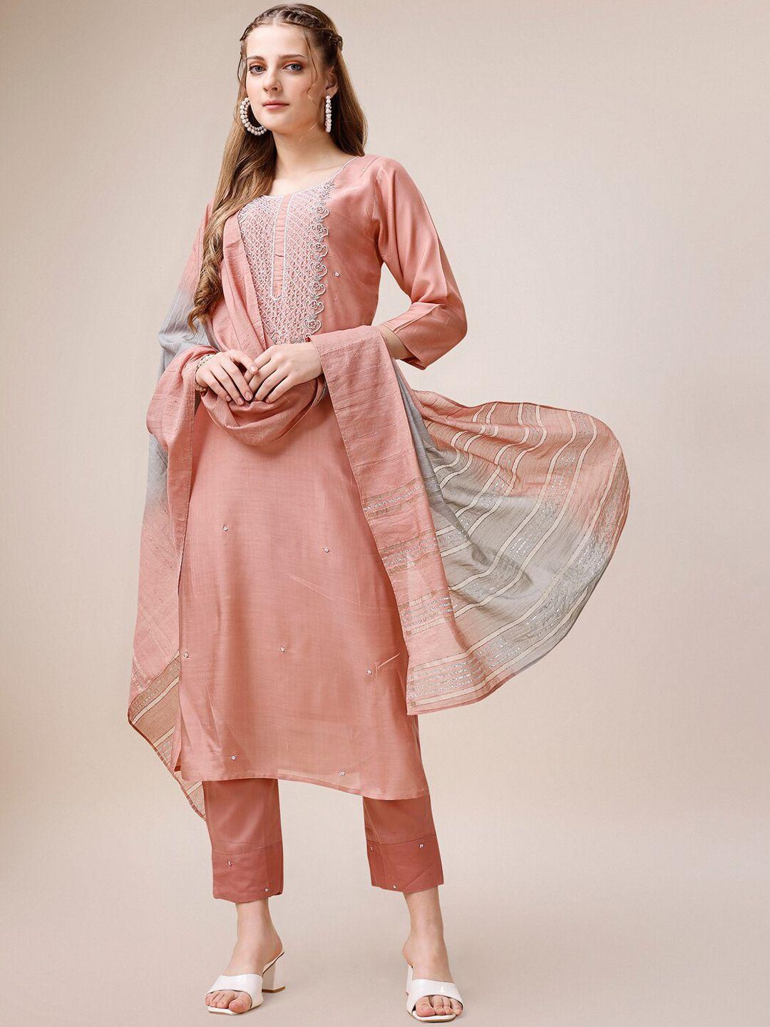 berrylicious floral embroidered regular chanderi cotton kurta & trousers with dupatta