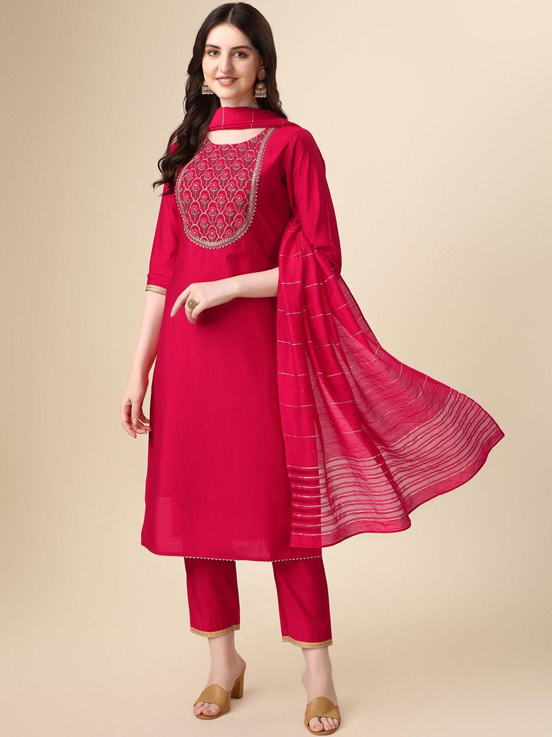 berrylicious floral embroidered regular chanderi cotton kurta with trousers & dupatta