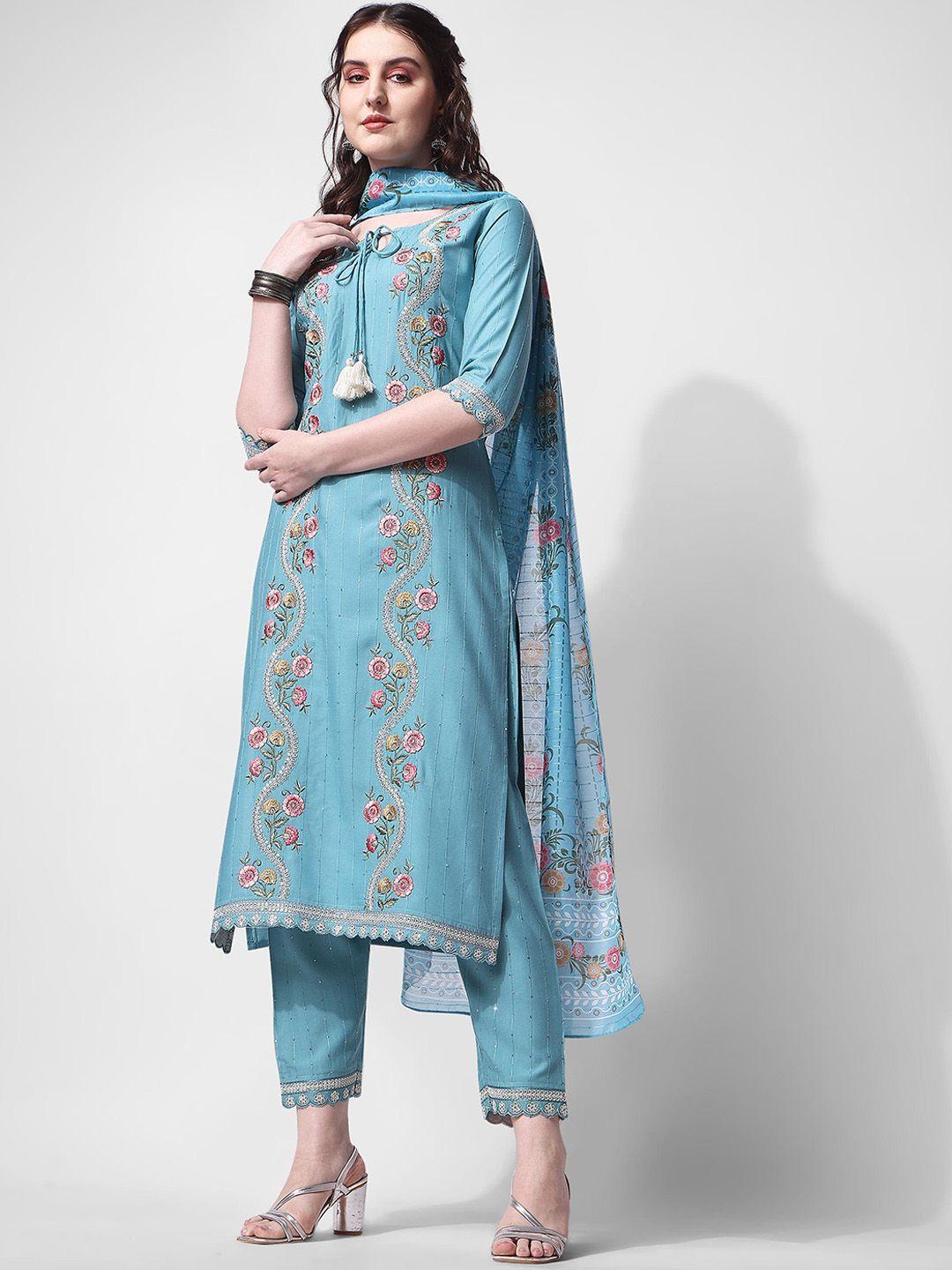 berrylicious floral embroidered tie-up neck panelled kurta with trousers & dupatta