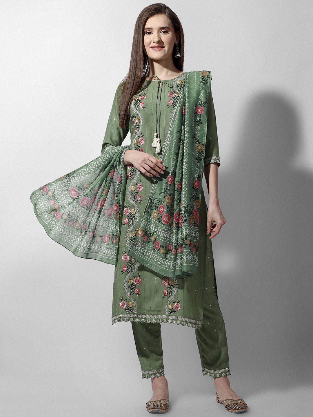 berrylicious floral embroidered tie up neck sequinned kurta with trousers & dupatta
