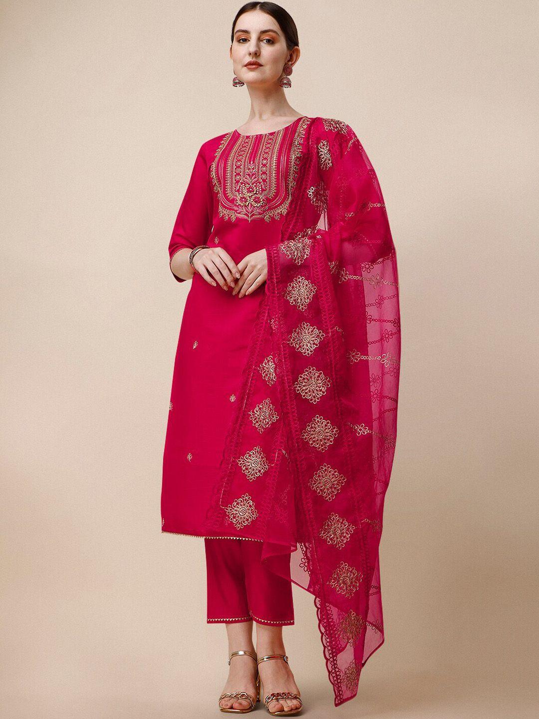 berrylicious floral embroidered zari chanderi cotton kurta with trousers & dupatta