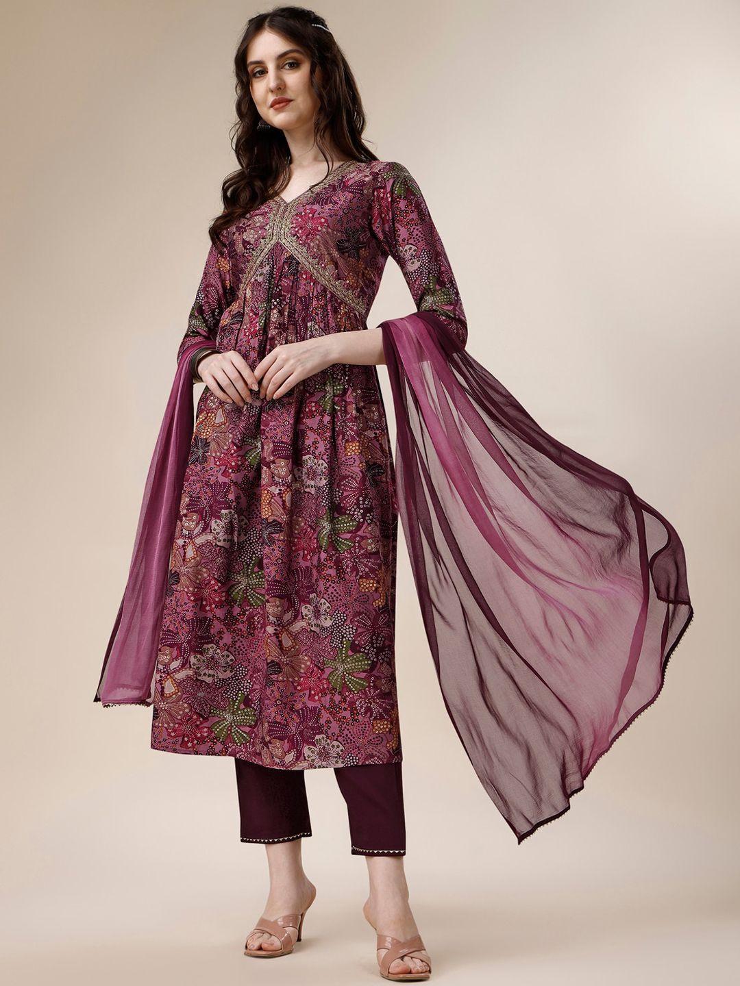 berrylicious floral printed panelled chanderi cotton a-line kurta with trousers & dupatta