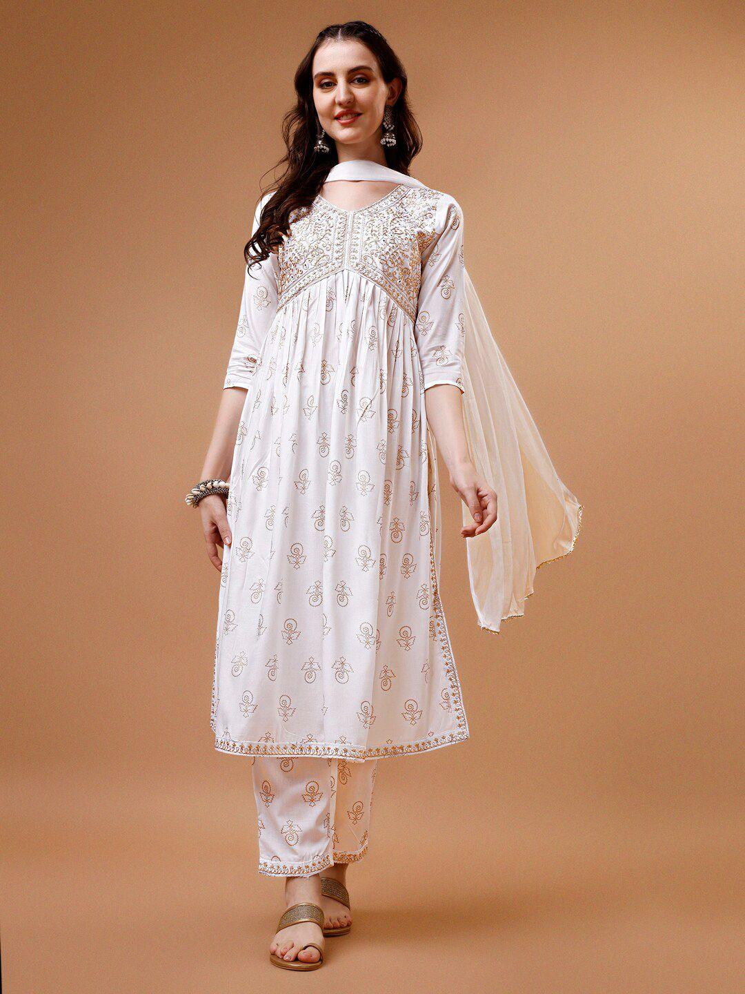 berrylicious floral printed thread work empire kurta with trouser & dupatta