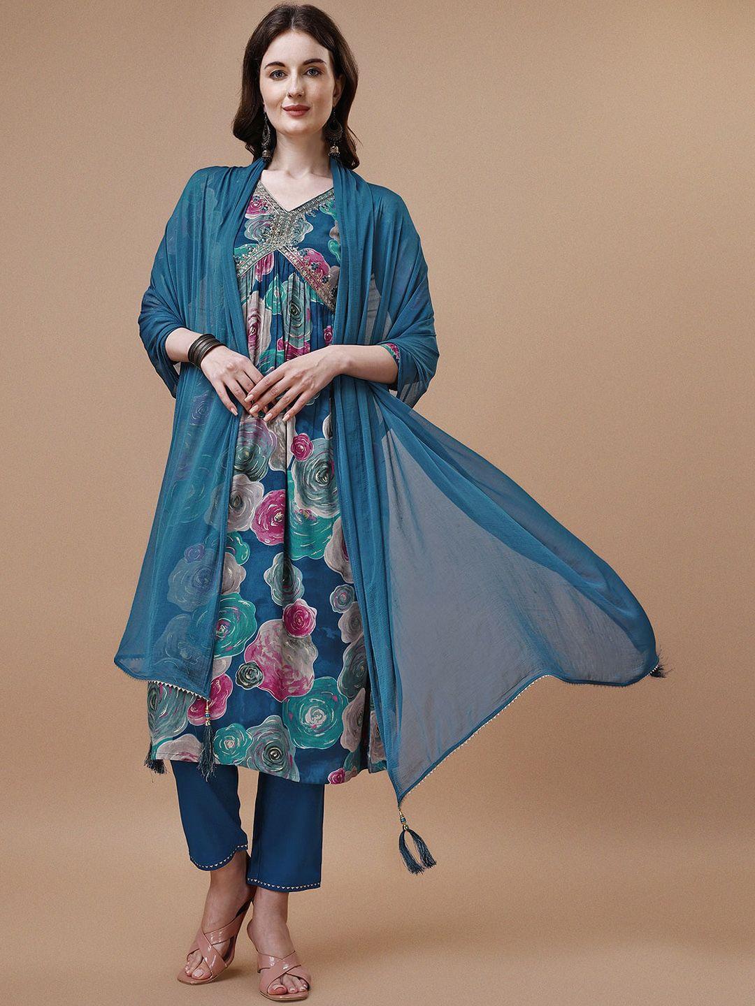 berrylicious floral printed v-neck thread work empire a-line kurta with trouser & dupatta