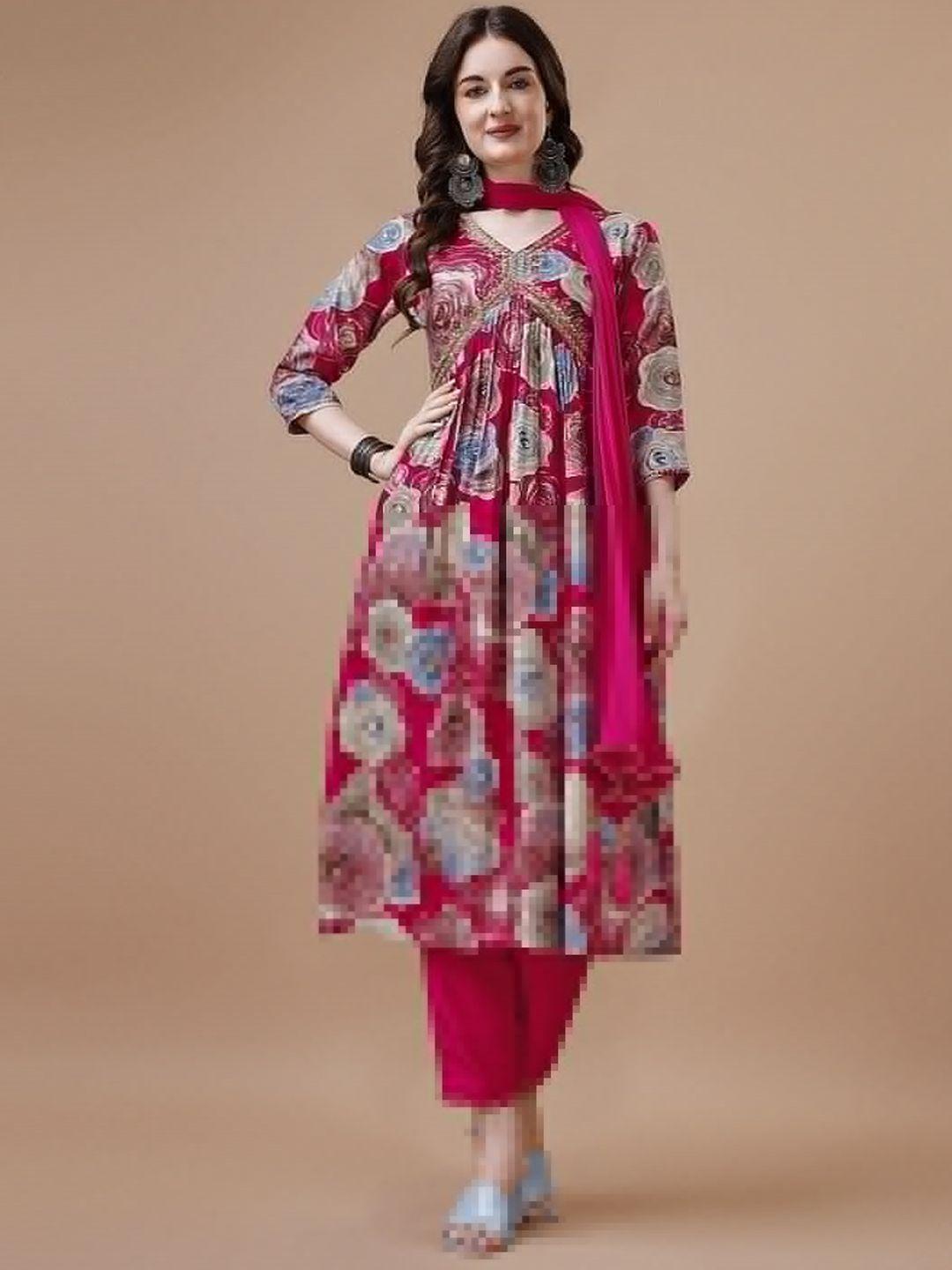 berrylicious floral printed v-neck thread work empire a-line kurta with trouser & dupatta