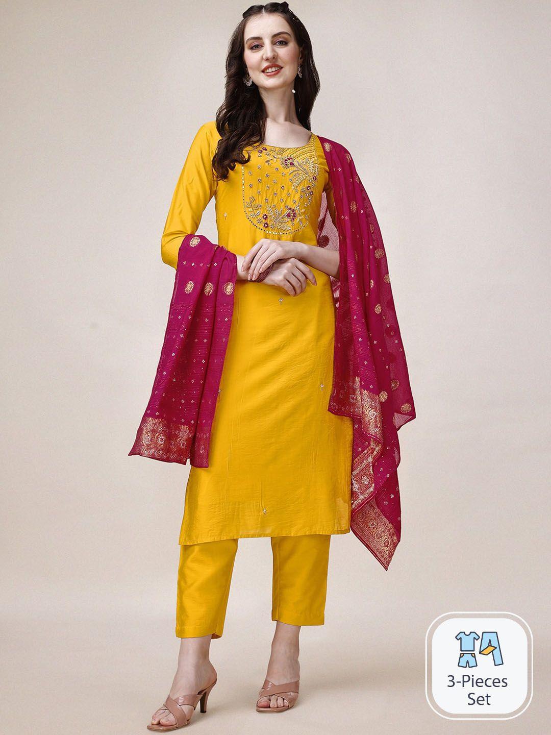 berrylicious floral yoke design regular chanderi cotton kurta with trousers & dupatta