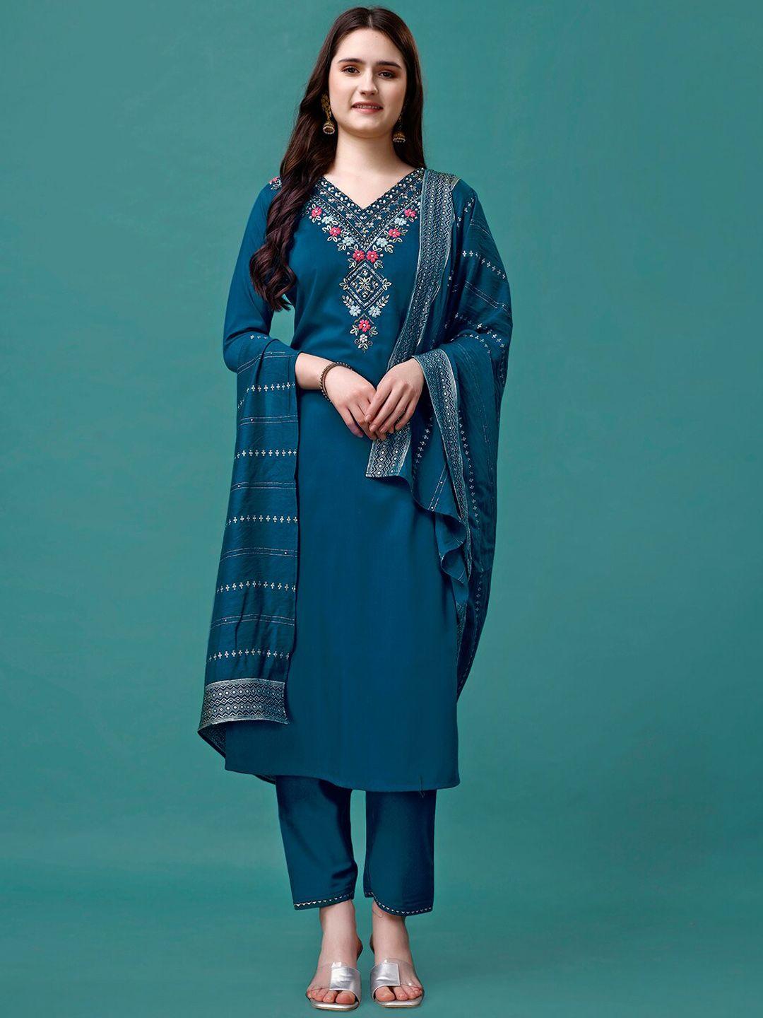 berrylicious floral yoke design thread work chanderi cotton kurta with trousers & dupatta