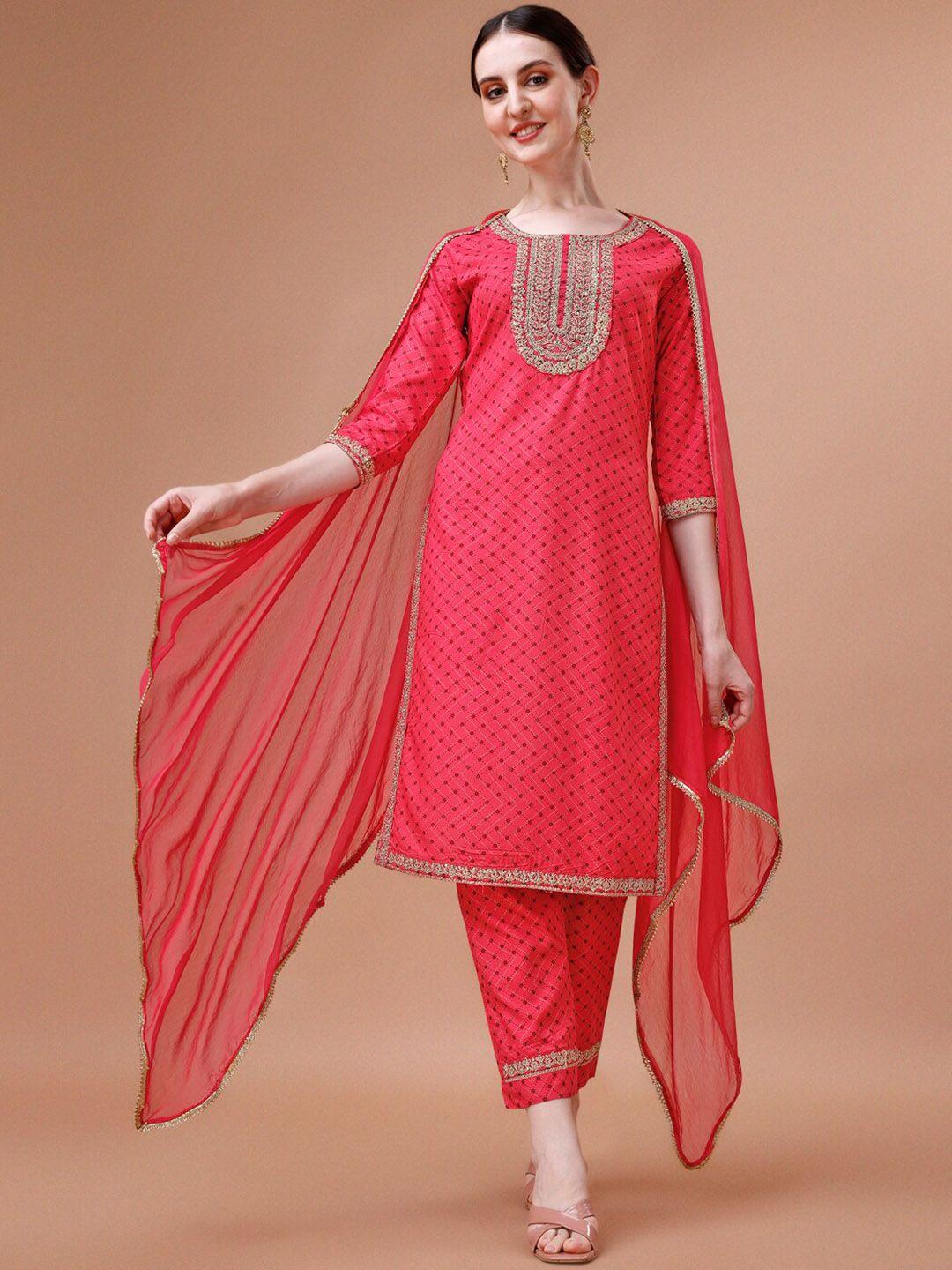 berrylicious geometric printed thread work kurta with trousers & dupatta