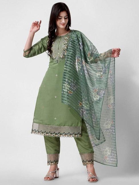 berrylicious green chanderi embroidered kurta with pants & dupatta