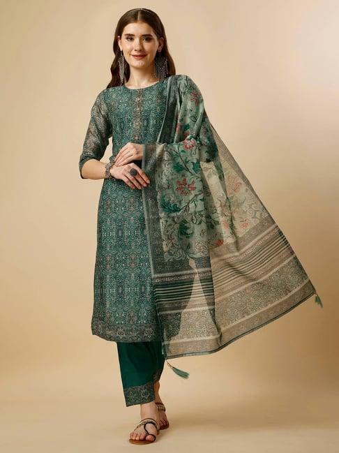 berrylicious green chanderi printed kurta with pants & dupatta