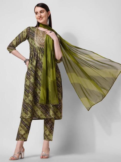berrylicious green cotton embroidered kurta with pants & dupatta