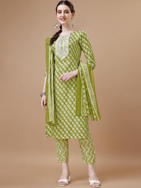 berrylicious green cotton printed kurta pant set with dupatta