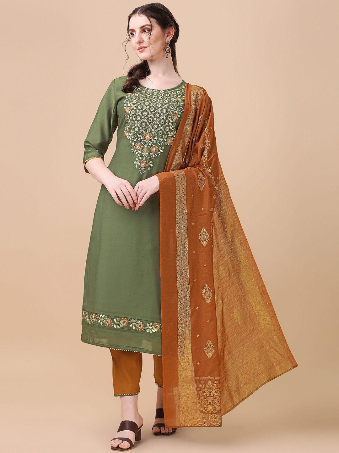 berrylicious green floral embroidered thread work chanderi cotton kurta with trousers & dupatta