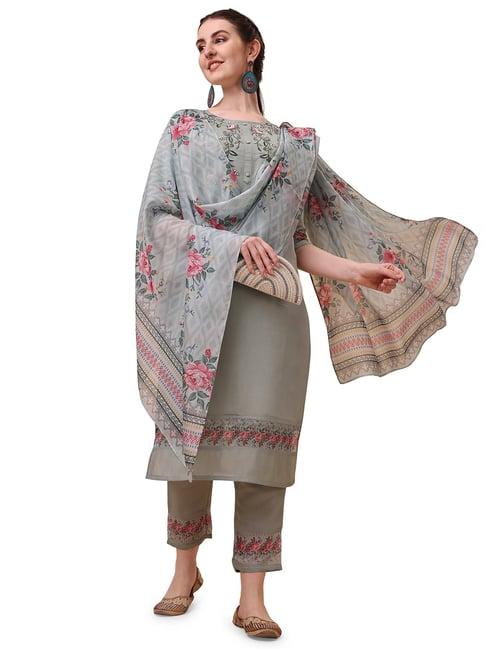 berrylicious grey chanderi embroidered kurta with pants & dupatta