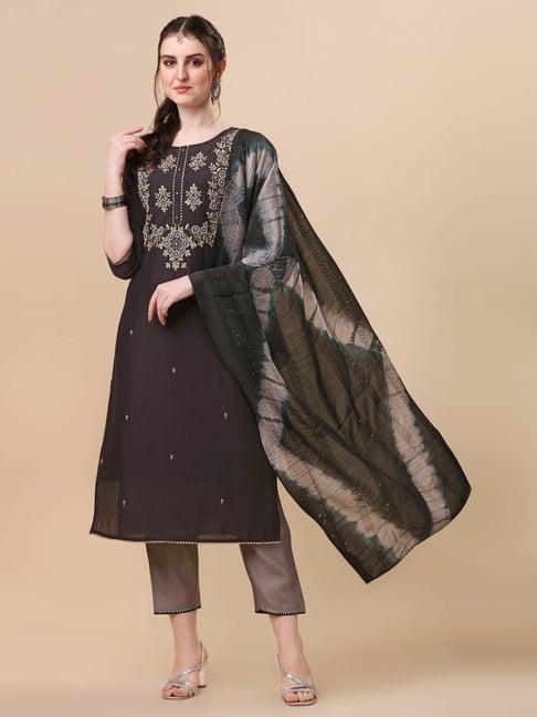 berrylicious grey embroidered kurta with pants & dupatta