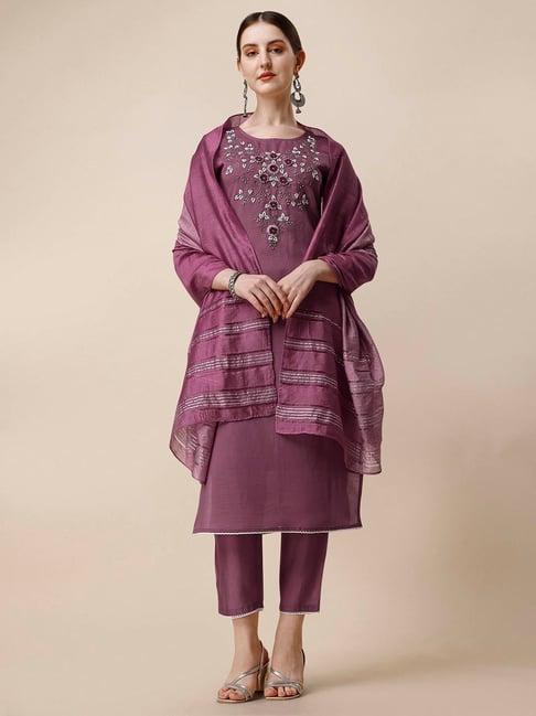 berrylicious lavender chanderi embroidered kurta with pants & dupatta