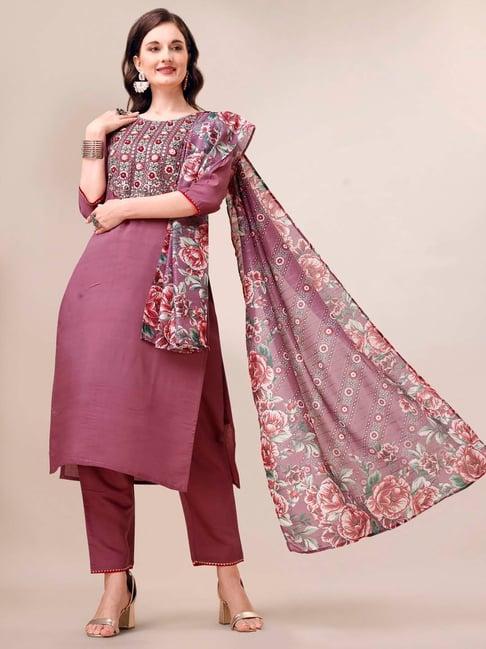 berrylicious lavender embroidered kurta with pant & dupatta