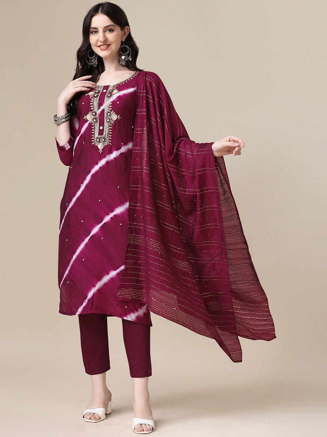 berrylicious leheriya dyed beads & stones chanderi cotton kurta with trousers & dupatta