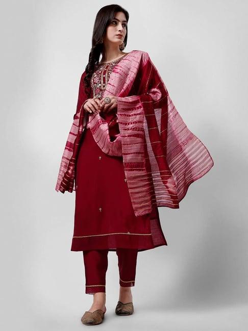 berrylicious maroon chanderi embroidered kurta with pants & dupatta