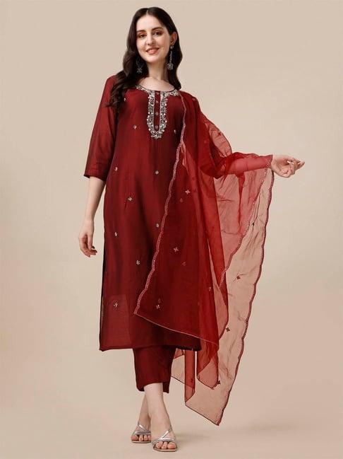 berrylicious maroon chanderi embroidered kurta with pants & dupatta