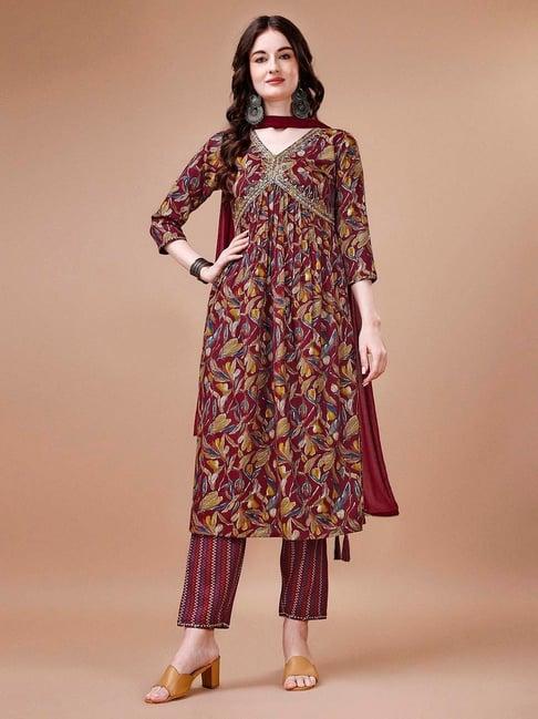 berrylicious maroon embroidered kurta with pant & dupatta