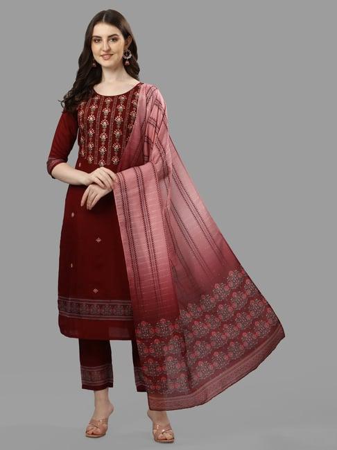 berrylicious maroon embroidered kurta with pants & dupatta