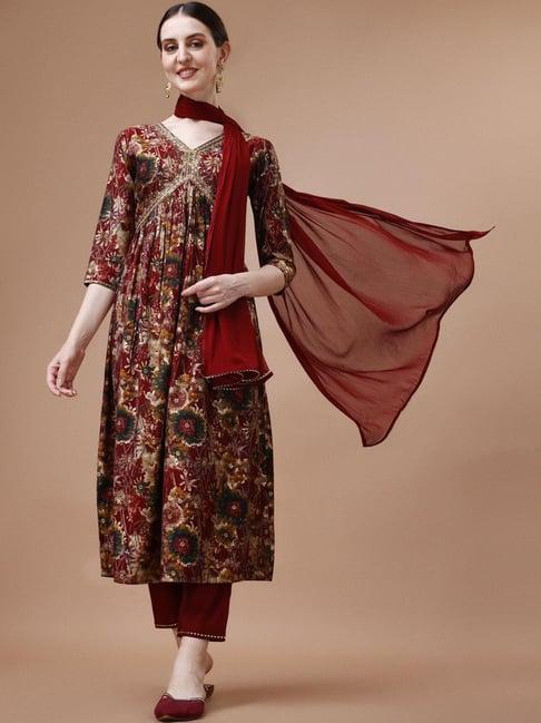 berrylicious maroon printed kurta pant set with dupatta