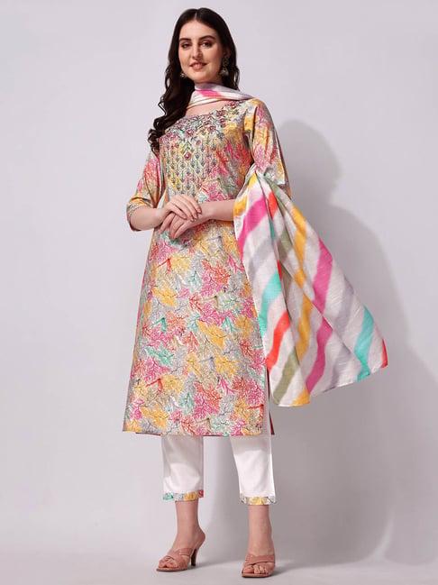 berrylicious multicolor rayon embroidered kurta with pants & dupatta