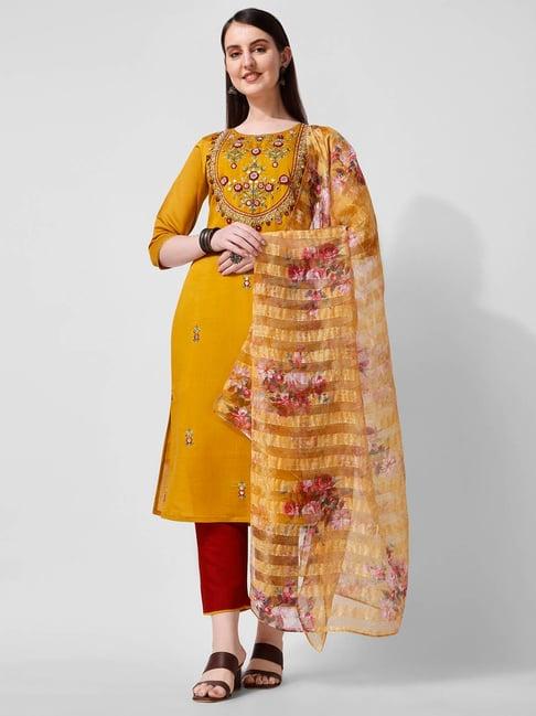 berrylicious mustard & red chanderi embroidered kurta with pants & dupatta