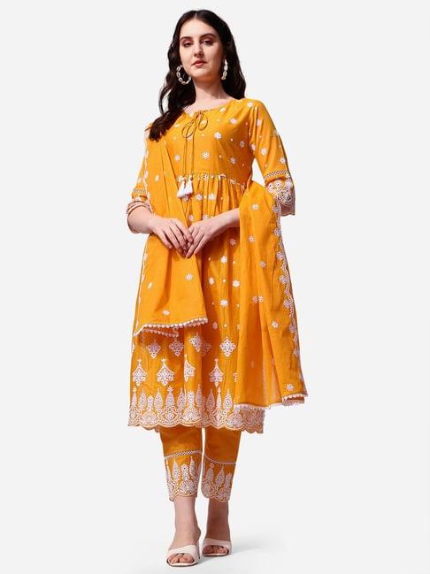 berrylicious mustard chikankari kurta with pant & dupatta