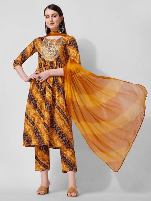 berrylicious mustard cotton embroidered kurta with pants & dupatta