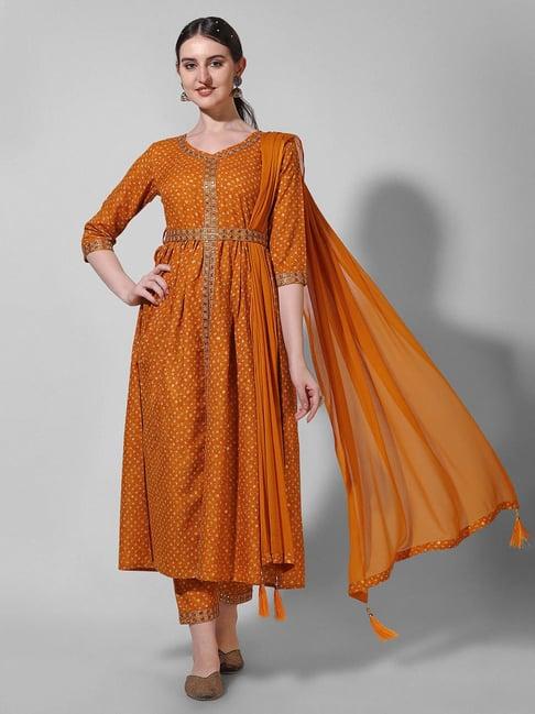 berrylicious mustard cotton embroidered kurta with pants & dupatta