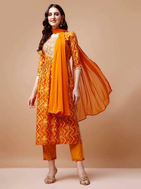 berrylicious mustard embroidered kurta with pant & dupatta