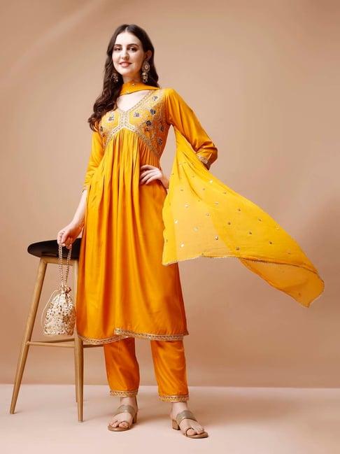 berrylicious mustard embroidered kurta with pant & dupatta