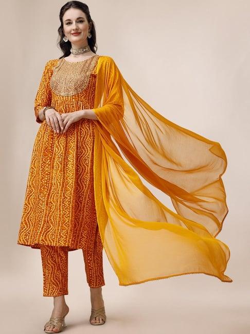 berrylicious mustard printed kurta pant set with dupatta