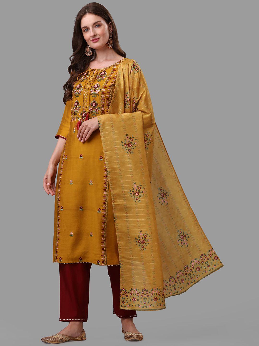 berrylicious mustard yellow floral embroidered chanderi cotton kurta with trousers & dupatta