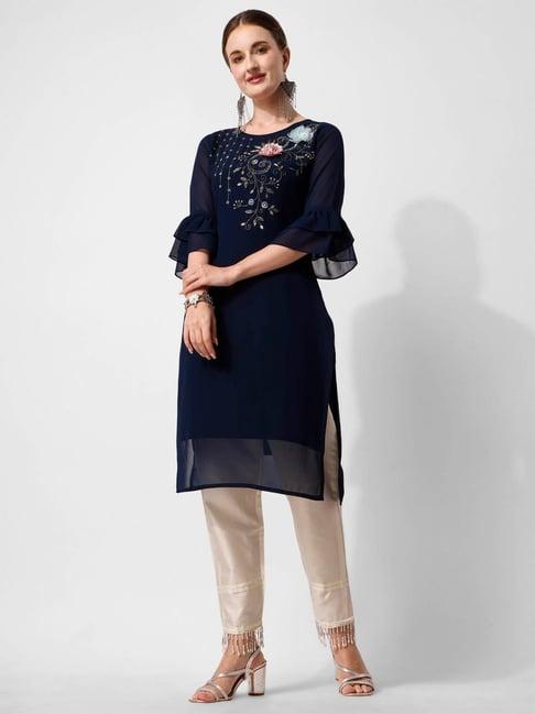 berrylicious navy & beige embroidered kurta pant set