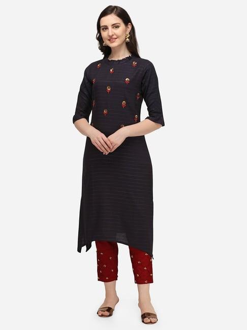 berrylicious navy & maroon embroidered kurta pant set