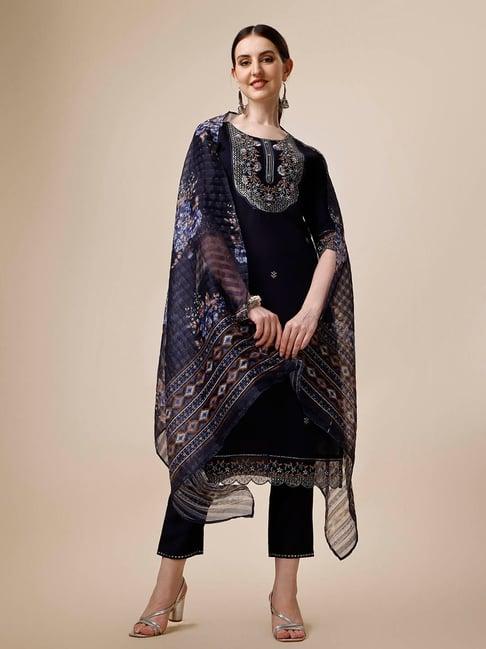 berrylicious navy embroidered kurta with pant & dupatta