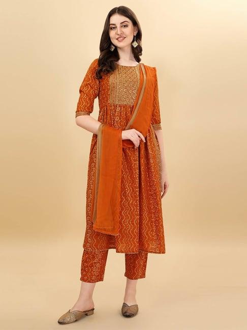 berrylicious orange cotton embroidered kurta with pants & dupatta