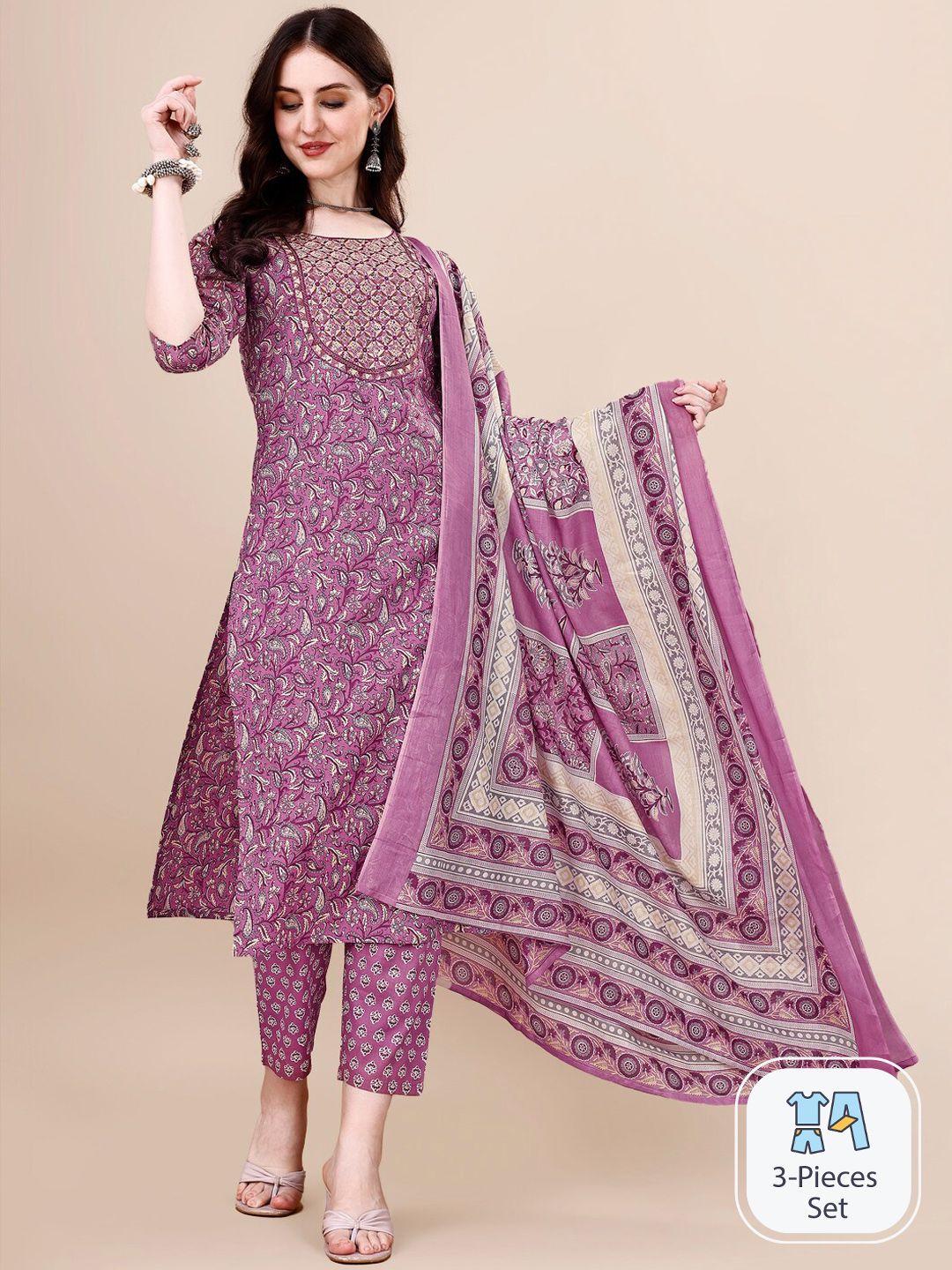 berrylicious paisley printed pure cotton straight kurta & trousers with dupatta