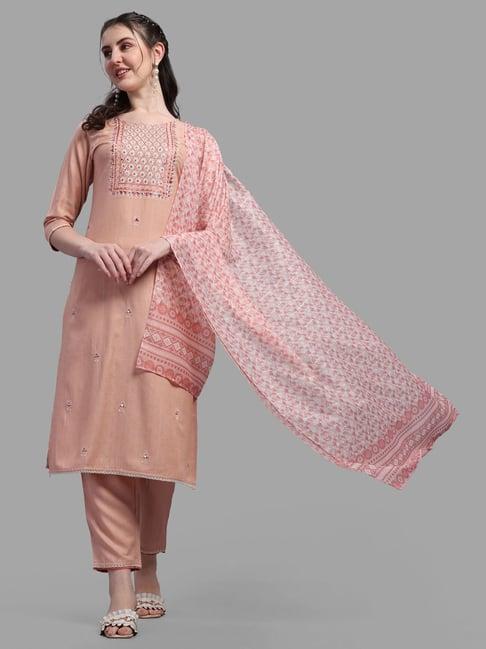 berrylicious peach embroidered kurta with pants & dupatta