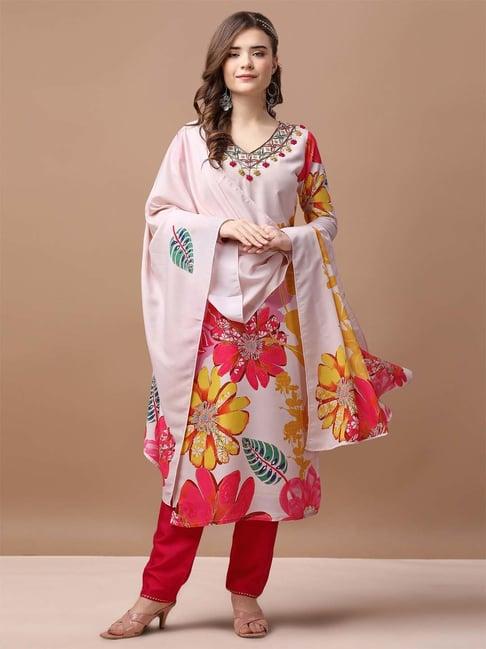 berrylicious pink & red embellished kurta with pant & dupatta