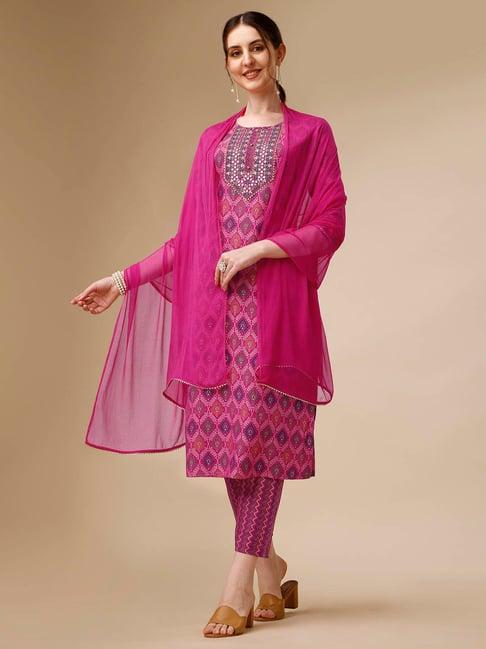 berrylicious pink chanderi embroidered kurta with pants & dupatta